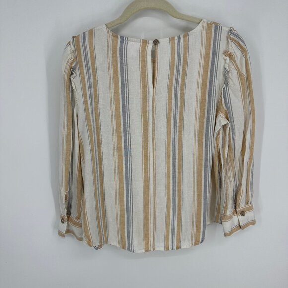 3/$25 Lauren Conrad Striped Blouse Top XS Linen Blend Ruffle‎ Trim 3/4 Sleeves - Picture 2 of 7